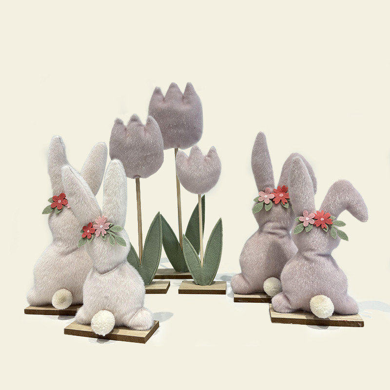 Decoración de primavera de tulipán de conejo de peluche rosa y morado