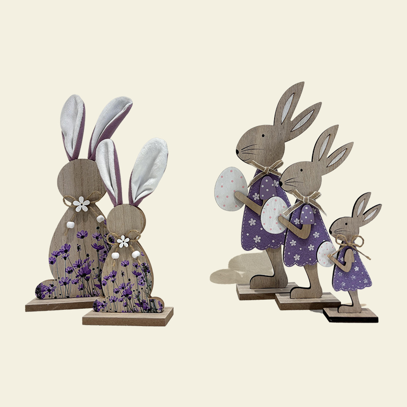 Conjunto de conejito de Pascua morado con decoración de flores de Pascua